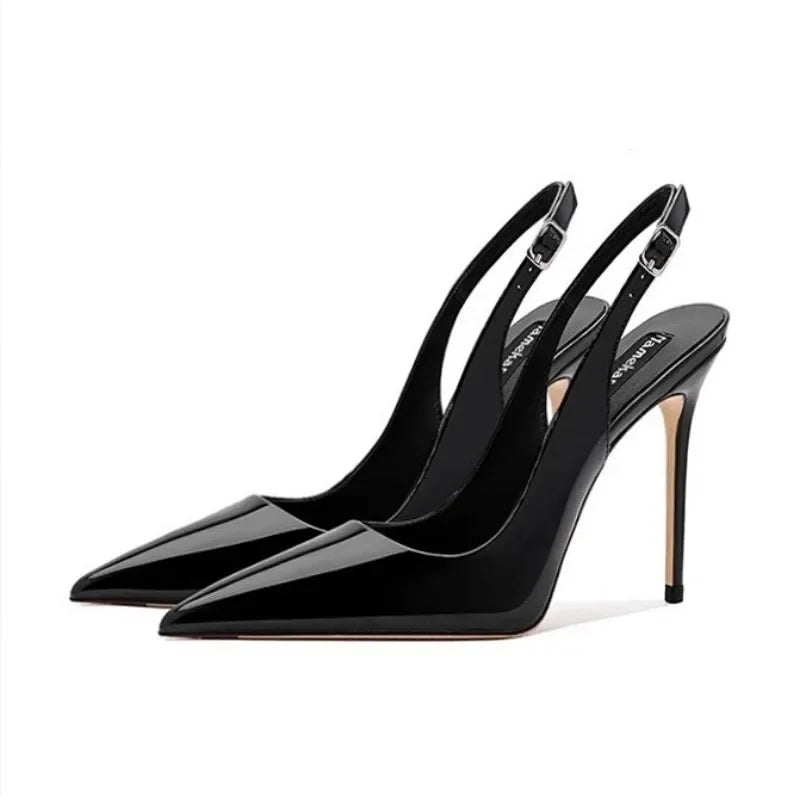 Sandalias sexis de tacón alto con puntas puntiagudas y elegantes zapatos de mujer de fiesta de moda con tiras de charol de verano 2025