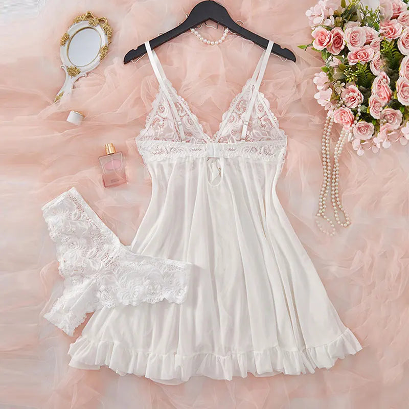 Traje con tirantes, camisón ultrafino de verano, conjuntos de Tanga de encaje, pijamas sexis para mujer, lencería, vestido de noche caliente, ropa de dormir cómoda