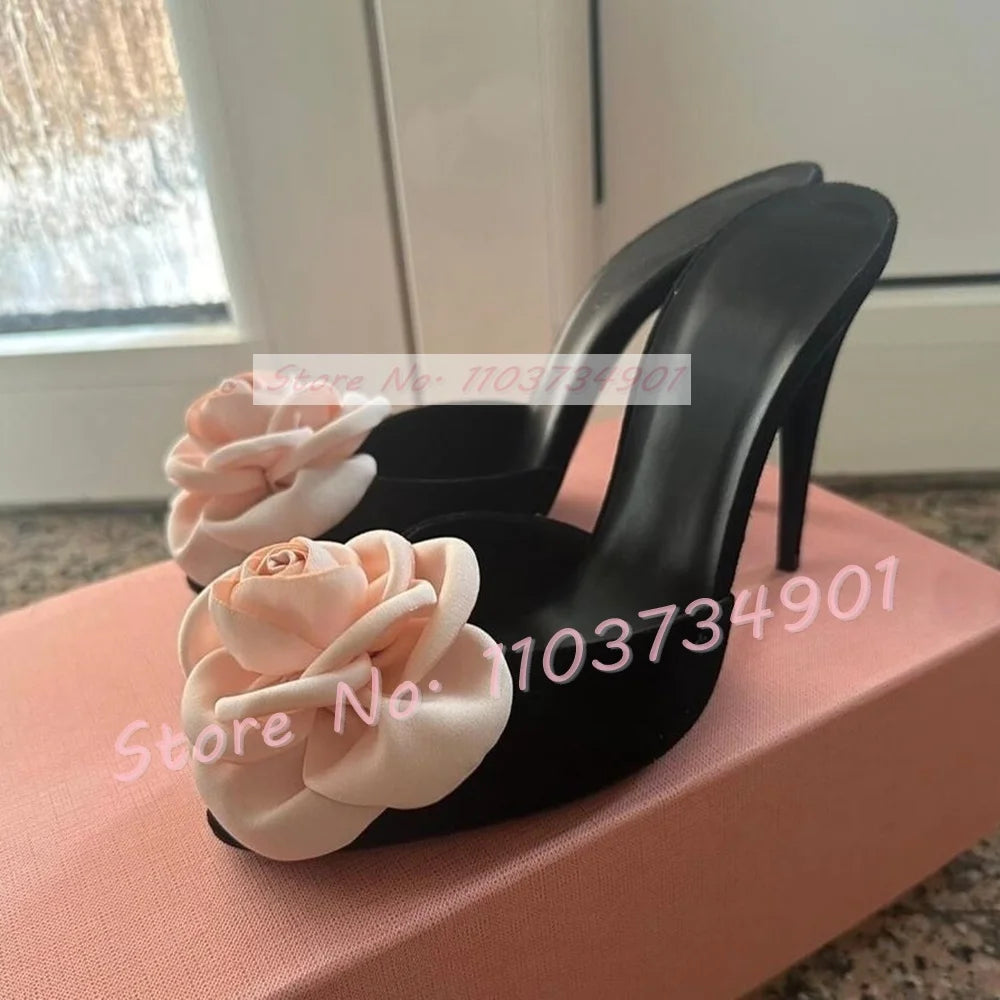 Mules de tacón alto fino de satén para mujer, zapatos aterciopelados con apliques florales, color rosa y rosa, elegantes y negros