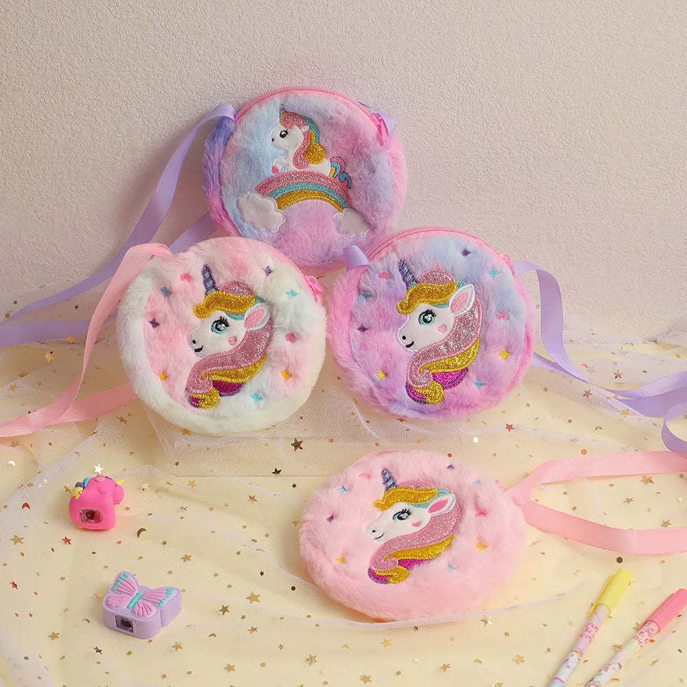 Bolso cruzado de unicornio de dibujos animados para niños, bolso de hombro de felpa bonito, Mochila pequeña para niñas, adecuado para regalos de vacaciones escolares, 2 uds.