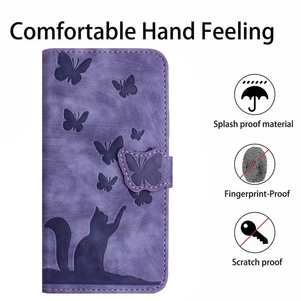 Funda tipo cartera de cuero con diseño de gato y mariposa para iPhone 17, 15, 16, 14, 13, 12, 11 Pro Max, iPhone 15 Plus