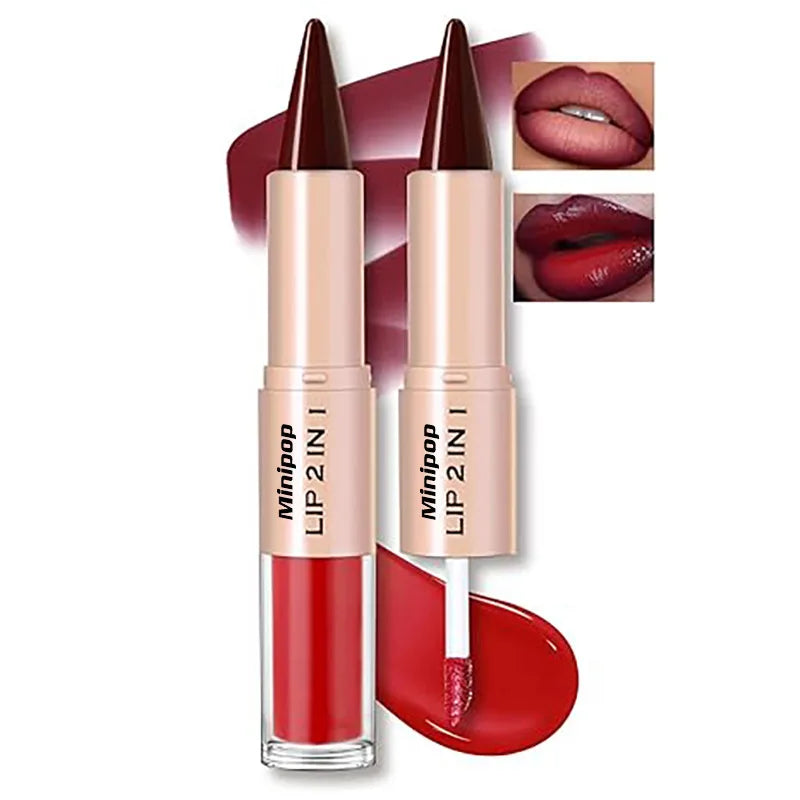 Brillo Labial 2 en 1 de Doble Punta, Delineador y Lápiz Labial, Impermeable, de Larga Duración, Voluminizador, Mate, Hidratante, Brillante, con Tinte Natural