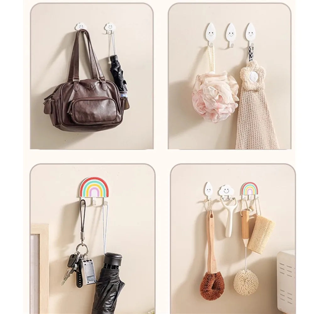 Hojas lindas, ganchos en forma de arcoíris, adhesivo fuerte, soporte de carga, sin perforaciones, puerta de cocina, sombrero, baño, toalla colgante, pared