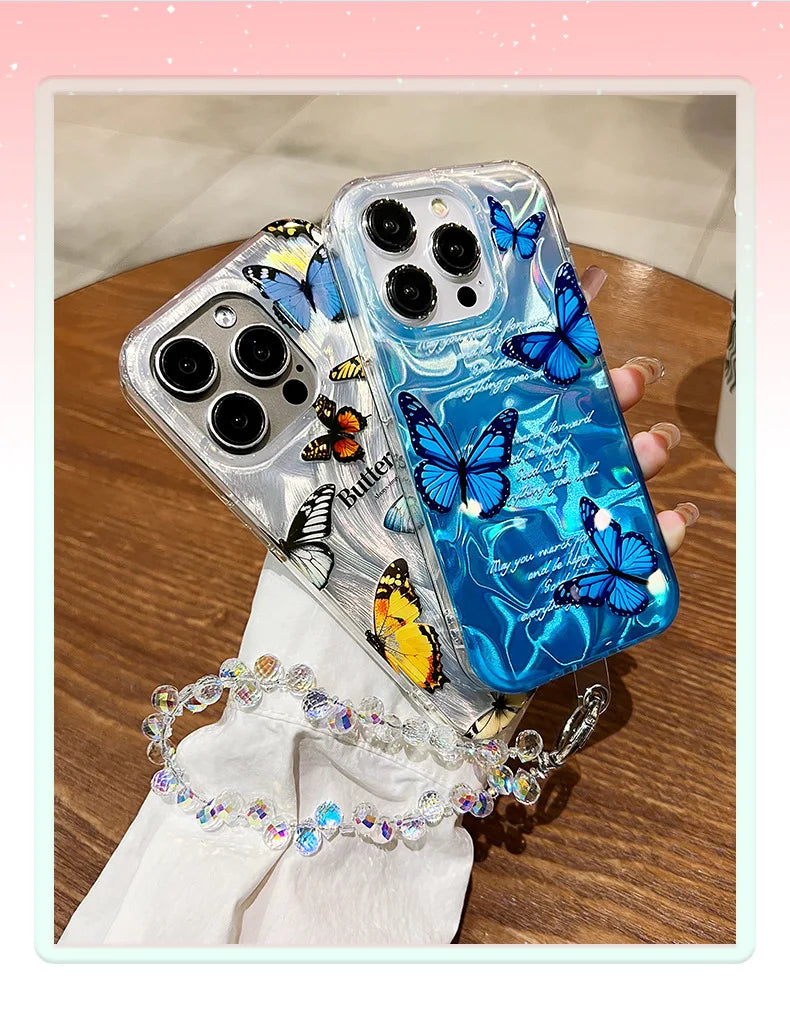 Funda de teléfono de arena con plumas graduales plateadas y mariposas de lujo para iPhone 16 15 14 13 12 11 Pro Max X XR 7 8 Plus, funda con cordón