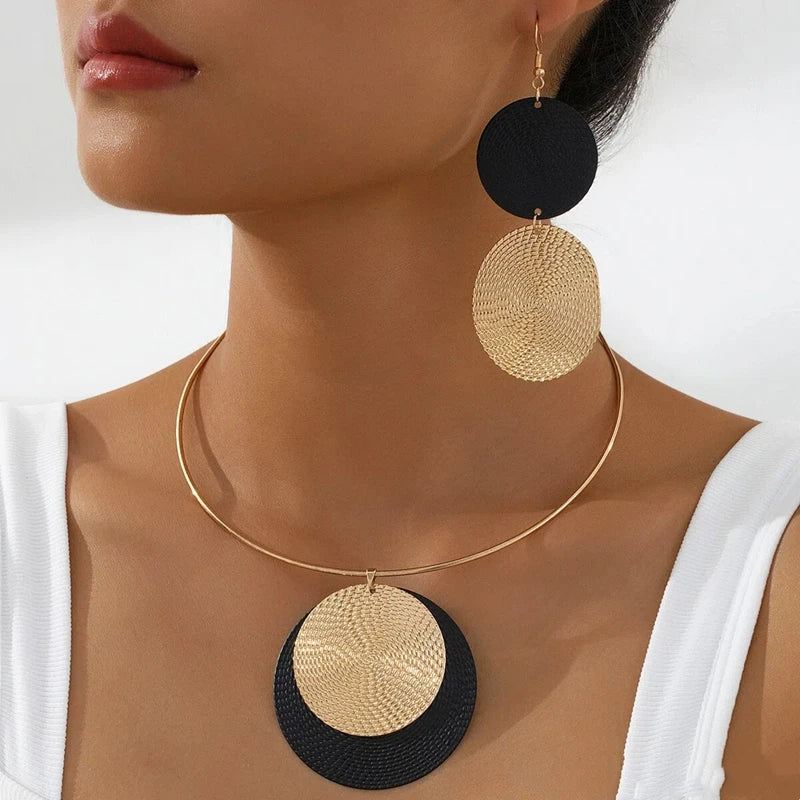 3 unid/set de pendientes redondos grandes, conjunto de Collar para mujer, cadenas de cuerda de PU exageradas, Collar con colgante geométrico de Metal, joyería