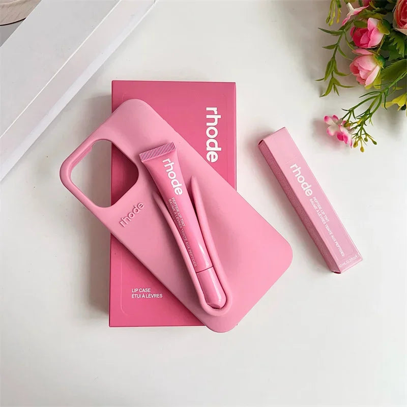 Maquillaje Rhode con caja, soporte para lápiz labial, funda de teléfono para IPhone17 Air 11 12 13 14 15 16 Pro Max Plus, funda suave de silicona para brillo de labios