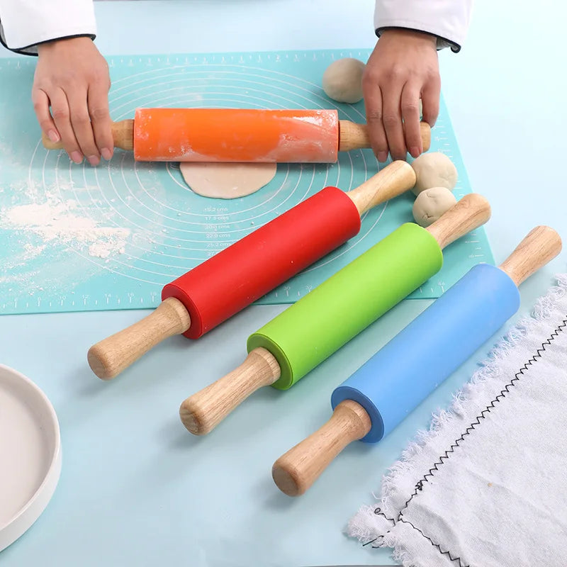Rodillo de silicona antiadherente con mango de madera, rodillo de harina para masa de repostería, herramienta de cocina para Pasta, masa para galletas