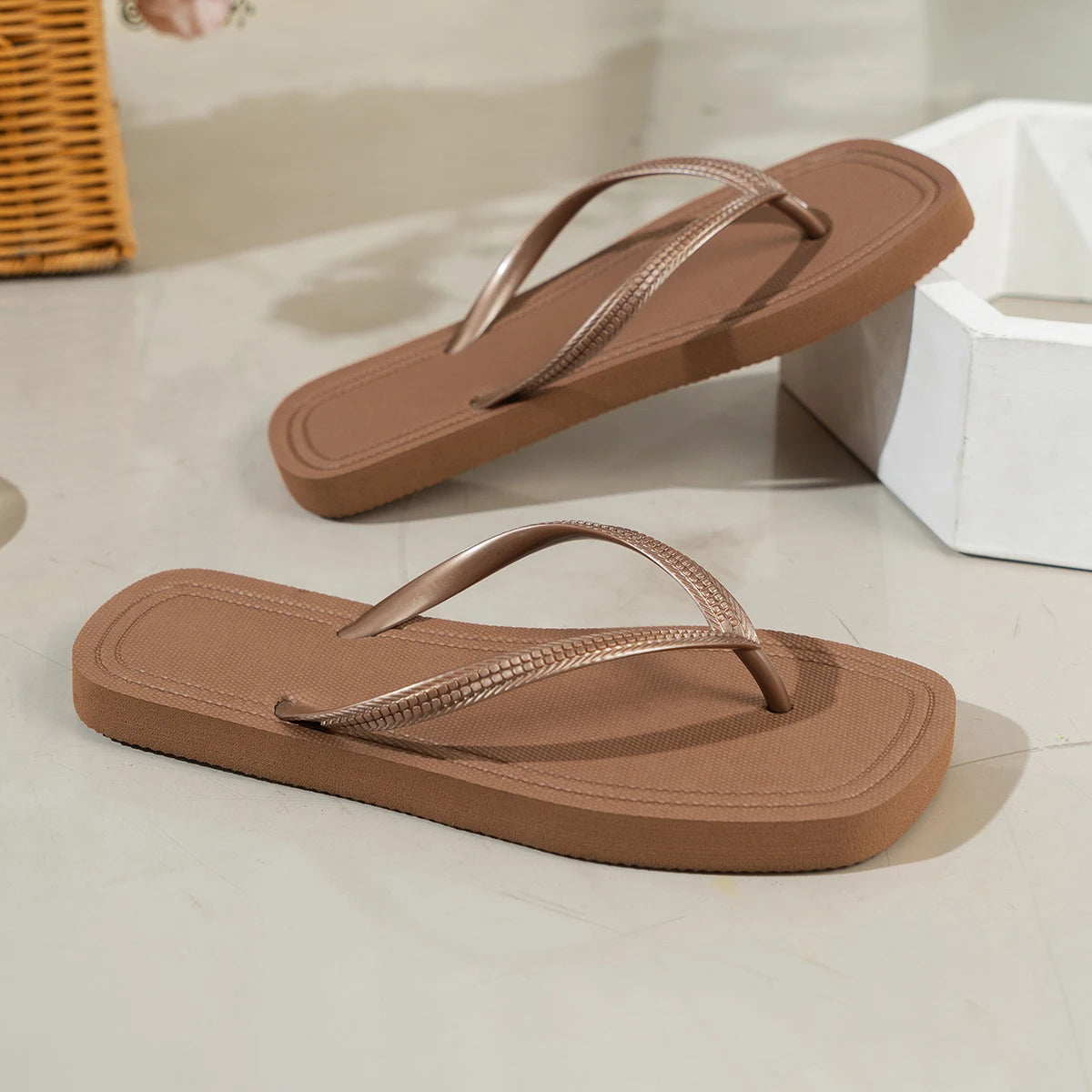 Sandalias Planas de EVA con Punta Cuadrada para Mujer, Chanclas de Verano, Casuales, de Color Sólido, Cómodas, Antideslizantes, Ligeras, para Interiores, Exteriores y Playa
