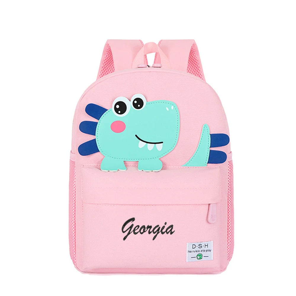Mochila de dinosaurio pequeño con nombre personalizado, mochila escolar bonita de dibujos animados para niños, mochilas salientes con nombre bordado personalizado para niños y niñas
