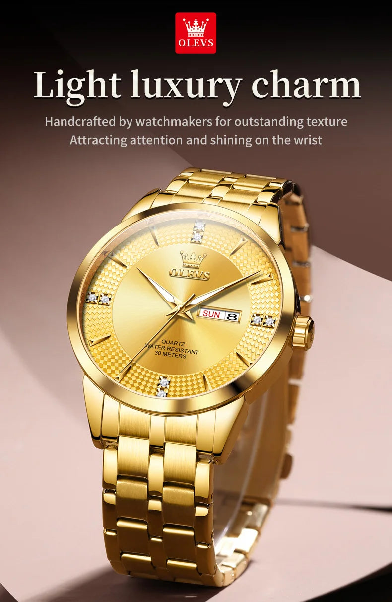 OLEVS 9917 New Mens Watch Original Quartz Watch Diamond Scale Waterproof Luminous Dual Calendar Display Mens Gifts Freebie Reloj