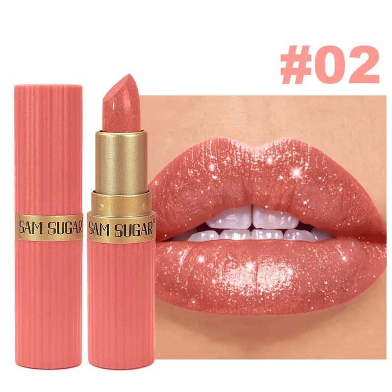 Lápiz Labial Rosa Perlado con Brillo, Metálico, Impermeable, de Larga Duración, Mate, Color Nude, con Destellos de Diamante, Maquillaje Sexy para Mujer