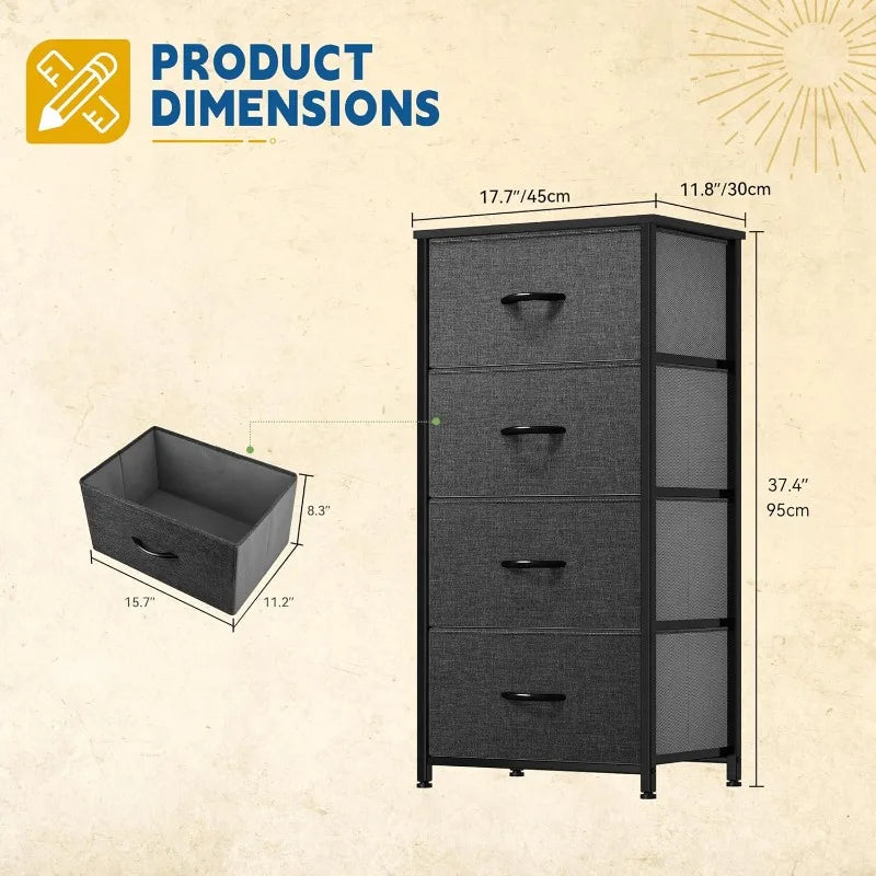 Torre de almacenamiento con 4 cajones - Cómoda de tela, unidad organizadora para dormitorio, sala de estar, armarios - Estructura de acero resistente,
