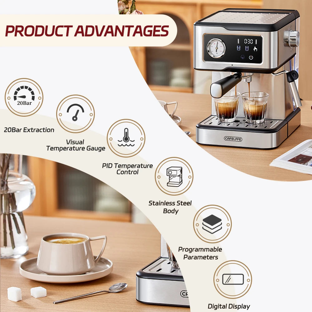 Cafetera Espresso Cafelffe de Acero Inoxidable con Vaporizador de Leche, Semiautomática, para Cappuccino, 20 Bares