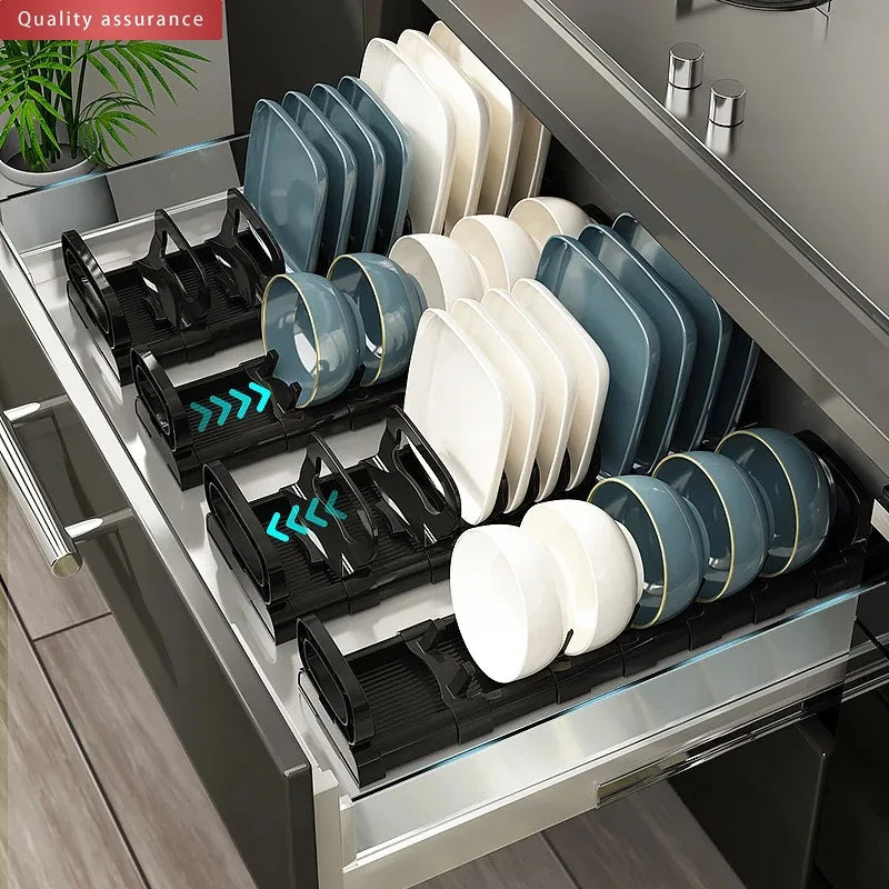 Estante de almacenamiento de platos para armario de cocina, escurridor de platos integrado, divisor de platos, organizador de accesorios de cocina