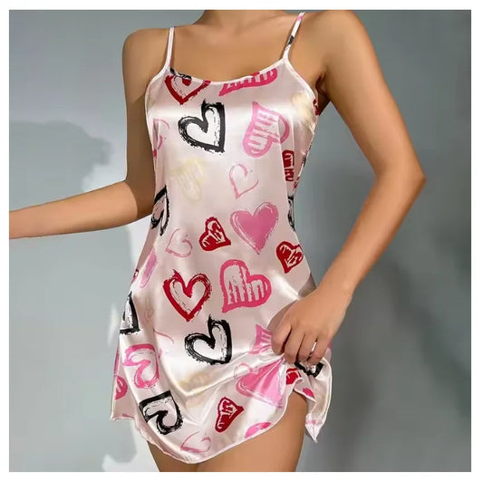 Camisón Sexy con tirantes para mujer, lencería Sexy de satén de seda, ropa de dormir con pintura Floral, minivestido para el hogar