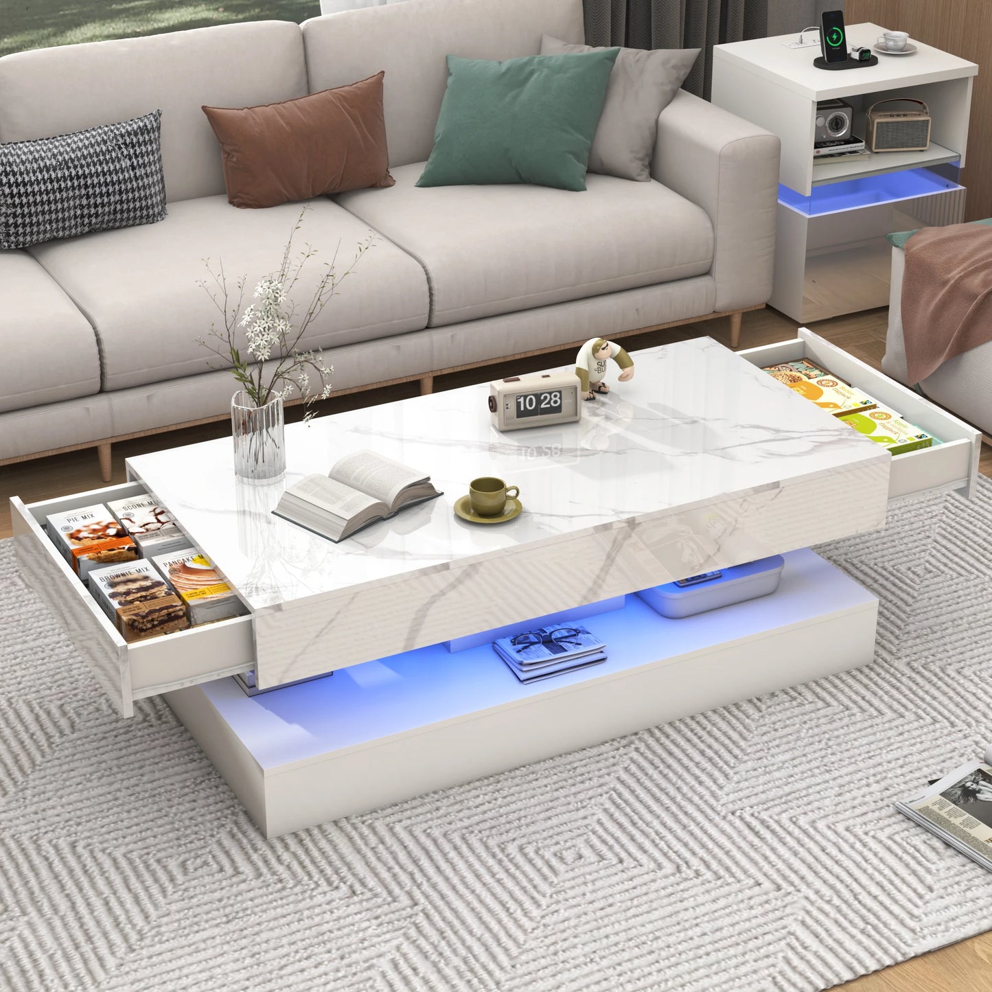 Mesa de Centro Moderna y Elegante con Luces LED, Diseño de Doble Capa para Sala de Estar con 2 Cajones de Almacenamiento