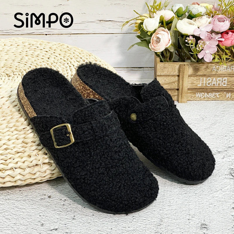 Otoño e Invierno nuevas mujeres y hombres tela de gamuza zapatilla de punta cerrada interior o exterior Slip-on Retro Sandalias planas duraderas