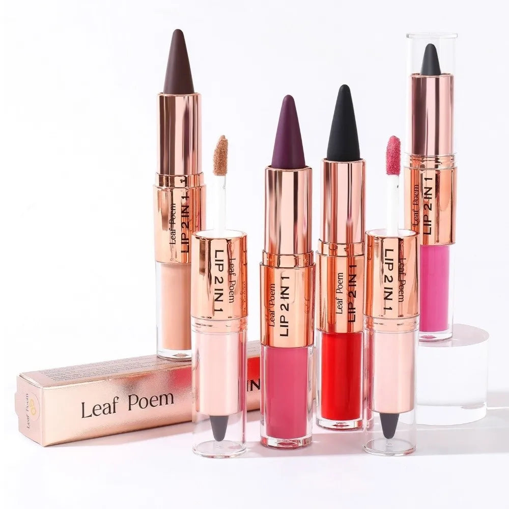 Delineador de Labios 2 en 1 de Doble Punta, Acabado Mate, Antiadherente, Resistente al Agua, Punta Cónica, Brillo Labial Mate de Larga Duración para Uso Diario