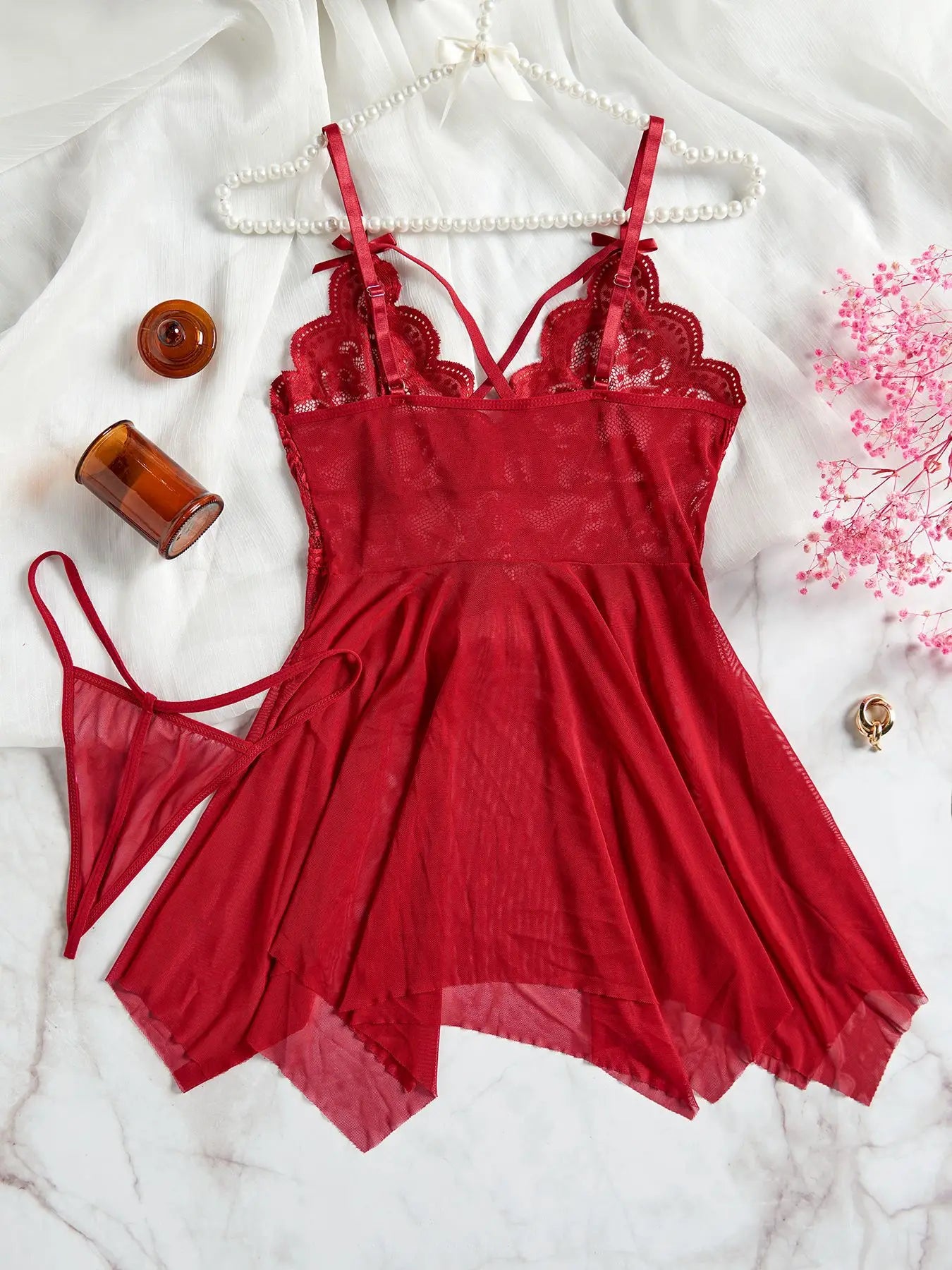 Lencería Sexy roja transparente, ropa interior para mujer, ropa de dormir transparente, camisón de encaje y bragas, conjuntos de Pijamas, camisón Sexy para mujer