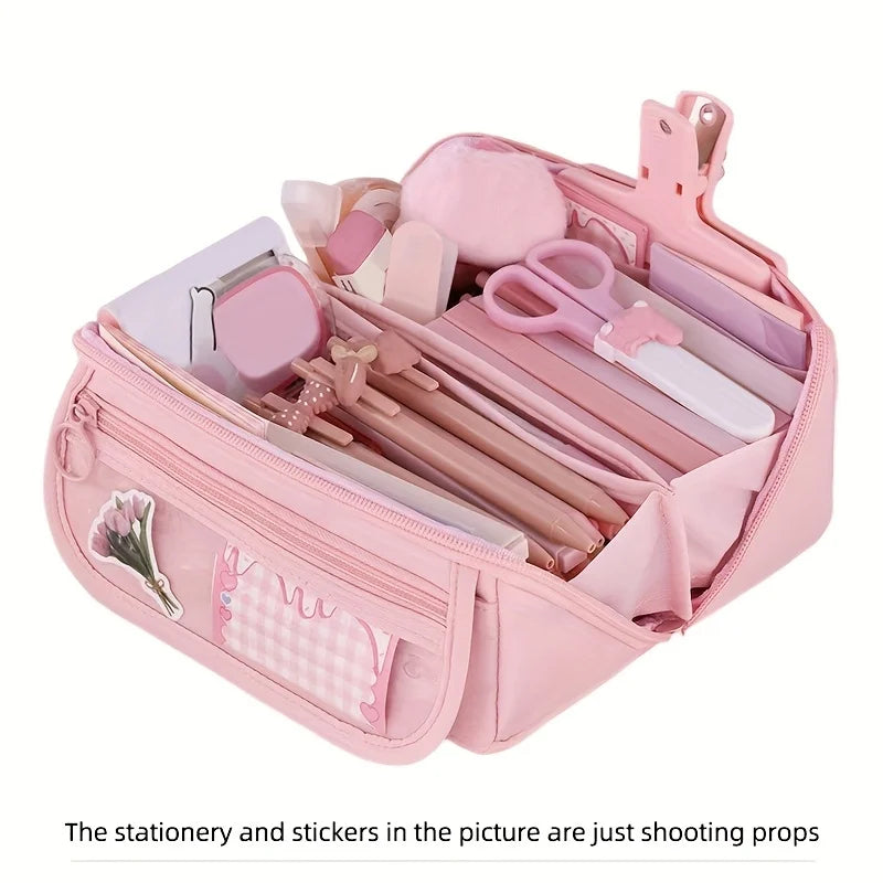 Estuche organizador para lápices de gran capacidad: almacenamiento de escritorio con múltiples compartimentos para material escolar y de oficina (rosa/púrpura/negro)