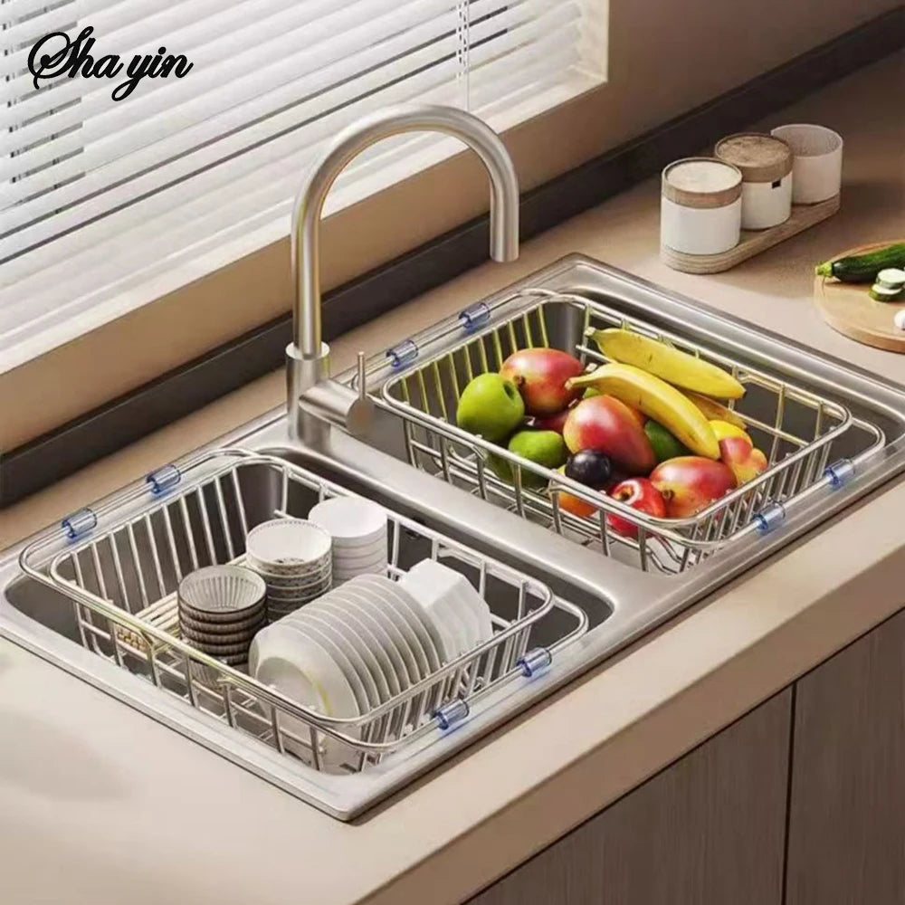 Rejilla de drenaje telescópica de acero inoxidable para fregadero, estante organizador antideslizante para secado de platos, cocina, baño, encimera, para uso doméstico