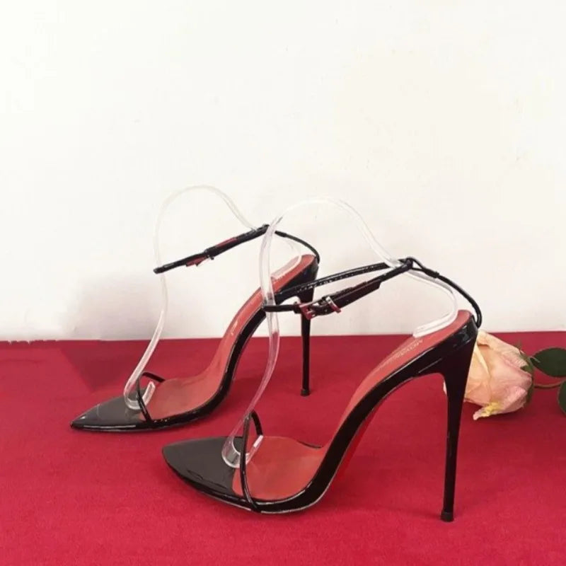 Sandalias de Tacón de Aguja con Correa de Hebilla Ultrafinas y Sexys de Verano, con Punta Puntiaguda y Diseño Simple