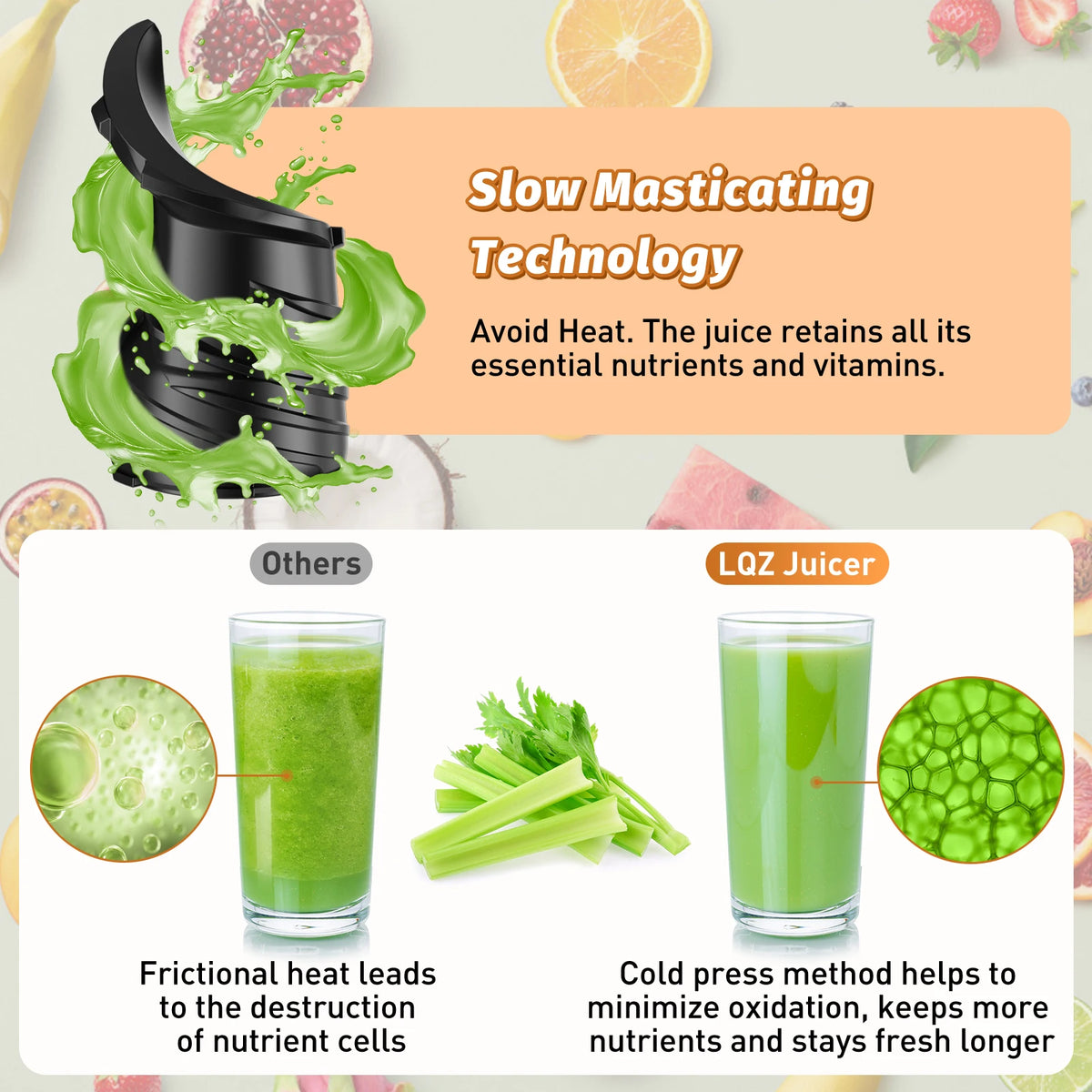Extractor de Jugos Tolife de Presión en Frío y Masticación Lenta, con Boca Ancha, Vaso de 1000 ml, Silencioso y Fácil de Limpiar, para Frutas y Verduras