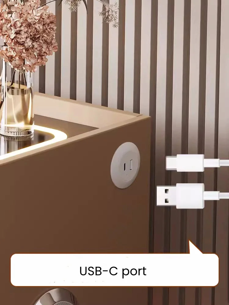 Mesita de noche inteligente de madera maciza con carga inalámbrica, mesita de noche de estilo moderno con 2 cajones y cerradura, armario lateral para el hogar