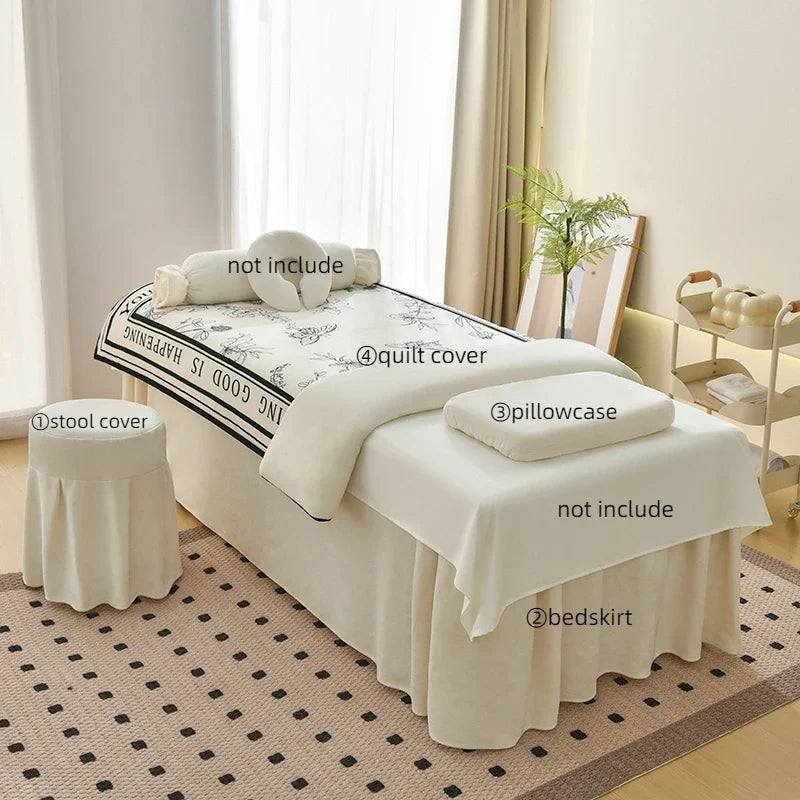 Juego de cama gruesa de terciopelo de leche para salón de belleza, falda de cama de Spa para masaje, funda de almohada, funda de taburete y funda nórdica, Sábana de salón para Club, 4 Uds.
