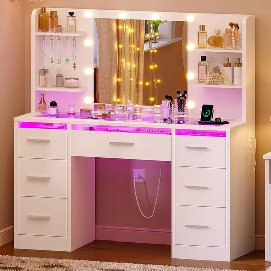 Tocador de Maquillaje con Espejo y Luces, Tocador Blanco con Superficie de Vidrio, Luces LED de 3 Colores y Enchufe, Personalizable