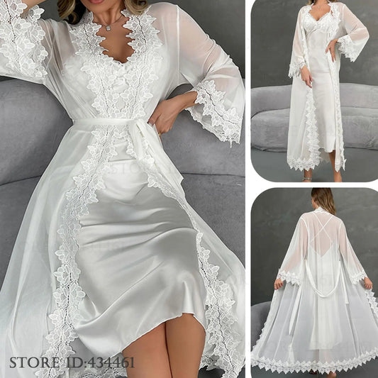 Conjunto de camisón y bata de encaje Sexy para mujer, camisón blanco de seda helada con tirantes, lencería, novedad de verano, ropa de dormir para el hogar
