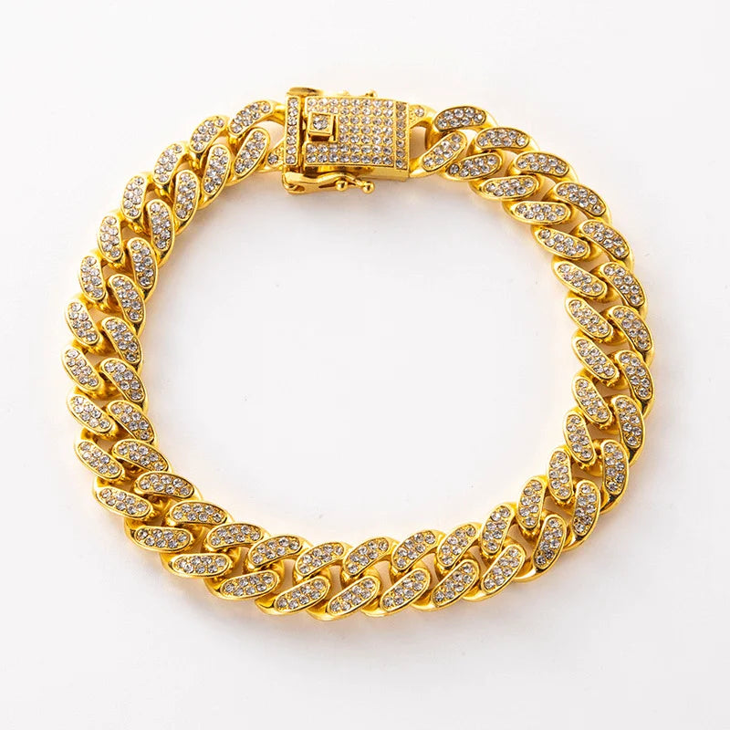 Collar de perro de Hip Hop de lujo, cadena cubana de acero inoxidable en tono dorado, joyería duradera para mascotas con incrustaciones de diamantes para caminar a diario
