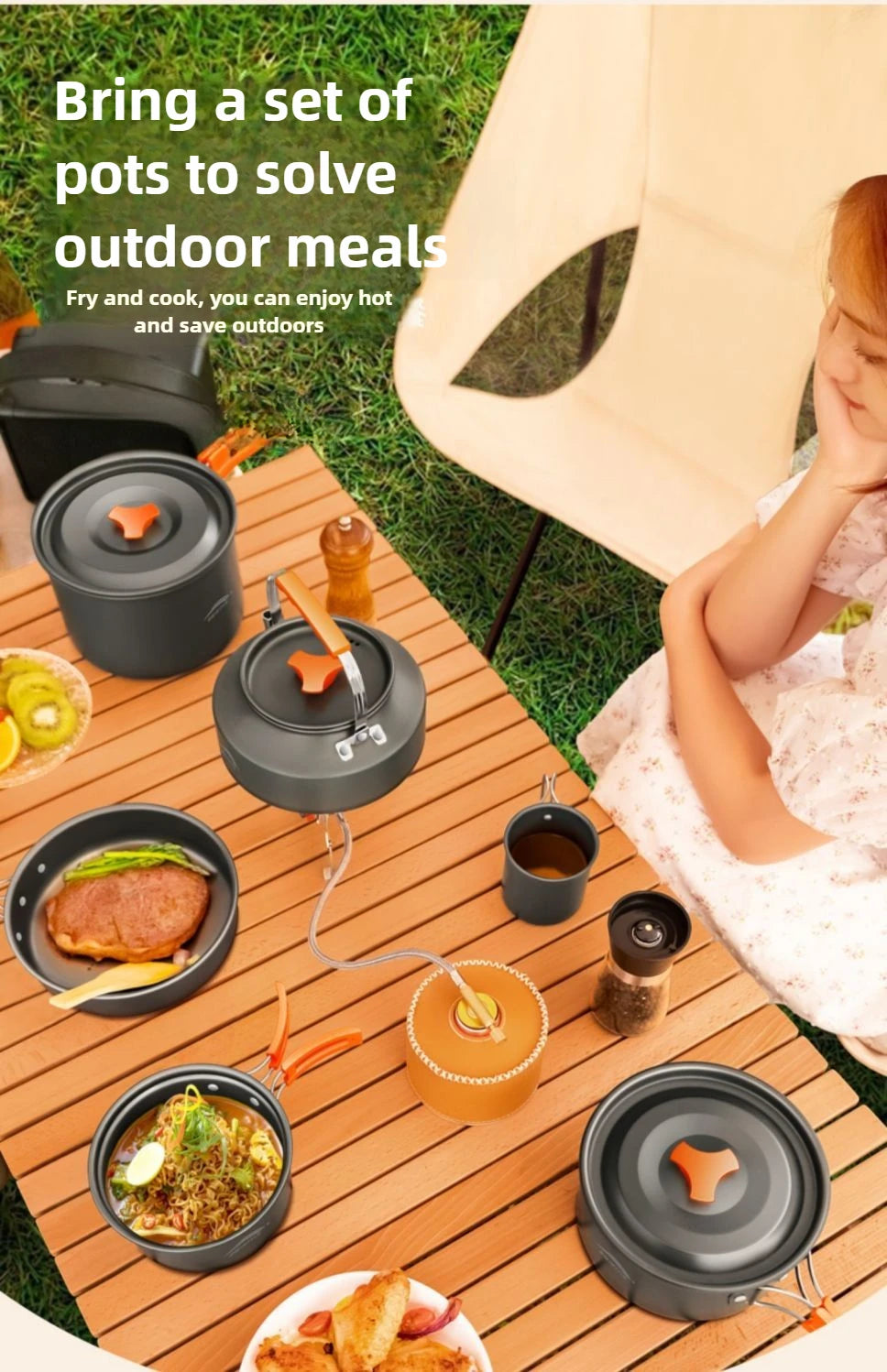 Utensilios de cocina para senderismo al aire libre, utensilios de cocina para acampar, tetera de agua hirviendo, equipo de sartén, olla portátil para acampar, juego combinado de suministros