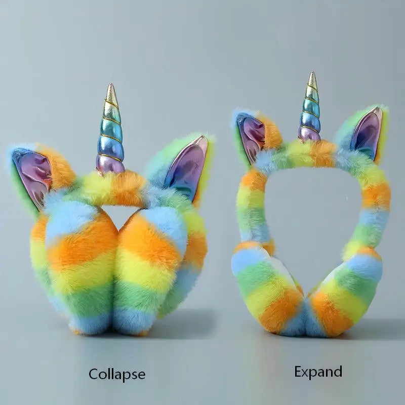 Orejeras de peluche de unicornio arcoíris, plegables, cálidas y portátiles, estilo femenino y lindo, orejeras a prueba de heladas y frío para otoño e invierno, regalo navideño