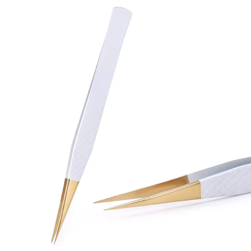 Pinzas de Precisión Antiestáticas de Acero Inoxidable Blanco-Dorado para Extensión de Pestañas, Juego de Herramientas de Maquillaje y Belleza para Cejas