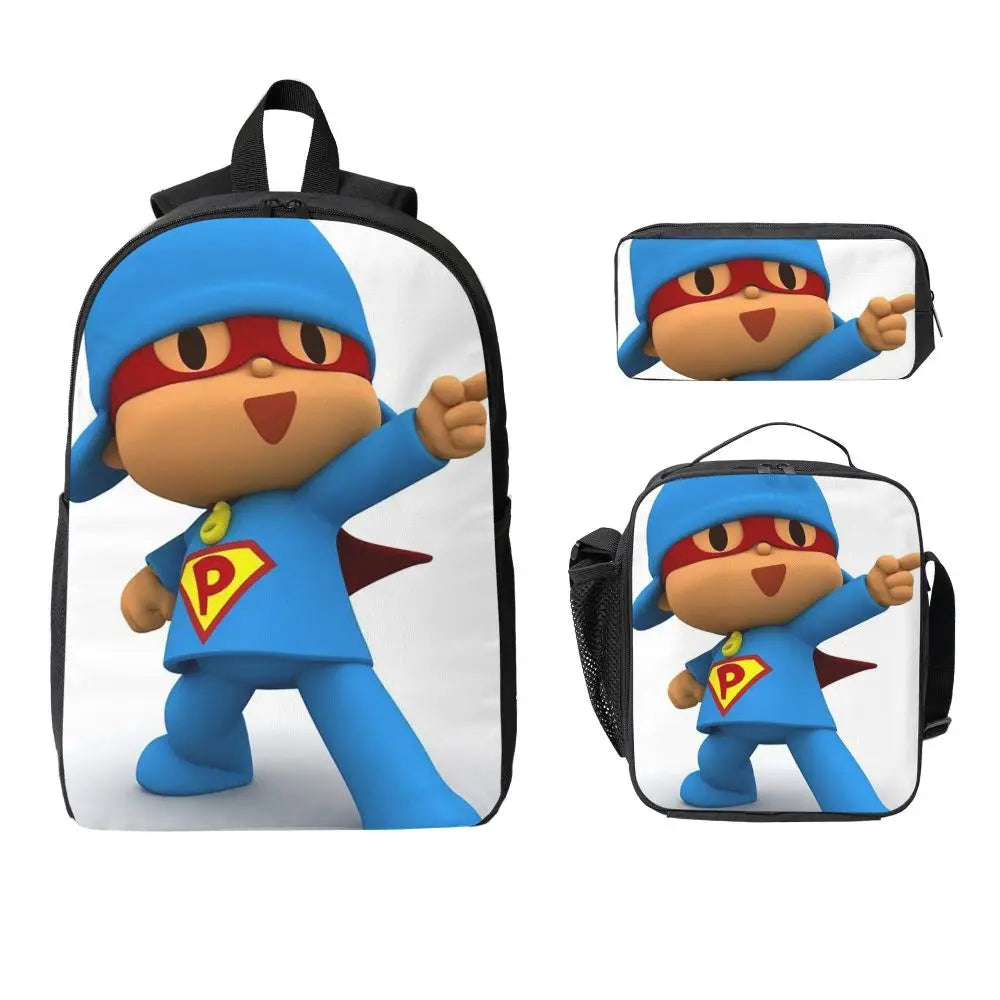 Mochila azul de dibujos animados de Pocoyo para niños, mochila escolar, bolsos de hombro para ordenador, bolsa de almuerzo aislada de 3 piezas, estuche para lápices