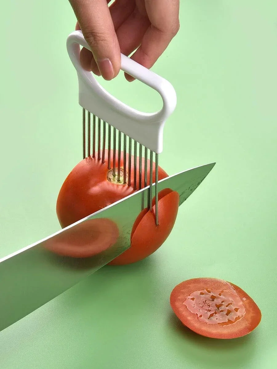 Rebanadas de cebollas sin esfuerzo con esta rebanadora de cebolla colorida, soporte para patatas fritas de acero inoxidable para cocina, 1 ud.