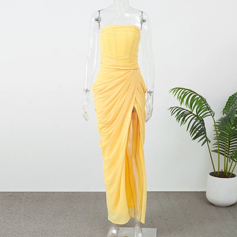 Vestido Maxi Plisado Sólido Sexy con Cuello Halter para Mujer, sin Mangas, sin Espalda, con Cintura Ajustada y Abertura, Vestidos de Fiesta de Verano 2026