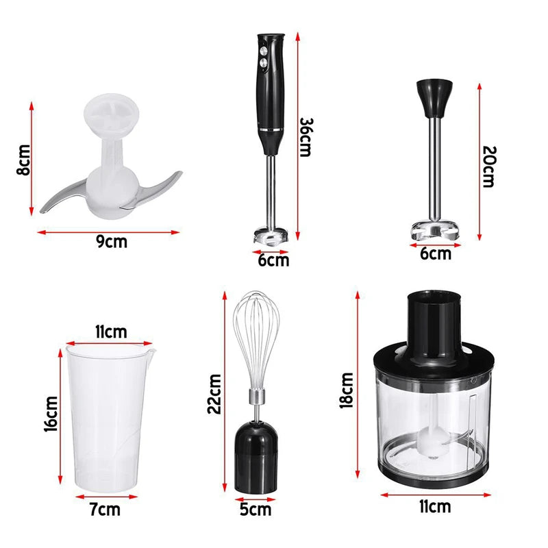 Batidora Eléctrica 4 en 1 de 500W, Batidora de Inmersión con Varilla de Acero Inoxidable, Cuchillas para Hielo, Picadora de Verduras y Carne, Batidora de Huevos