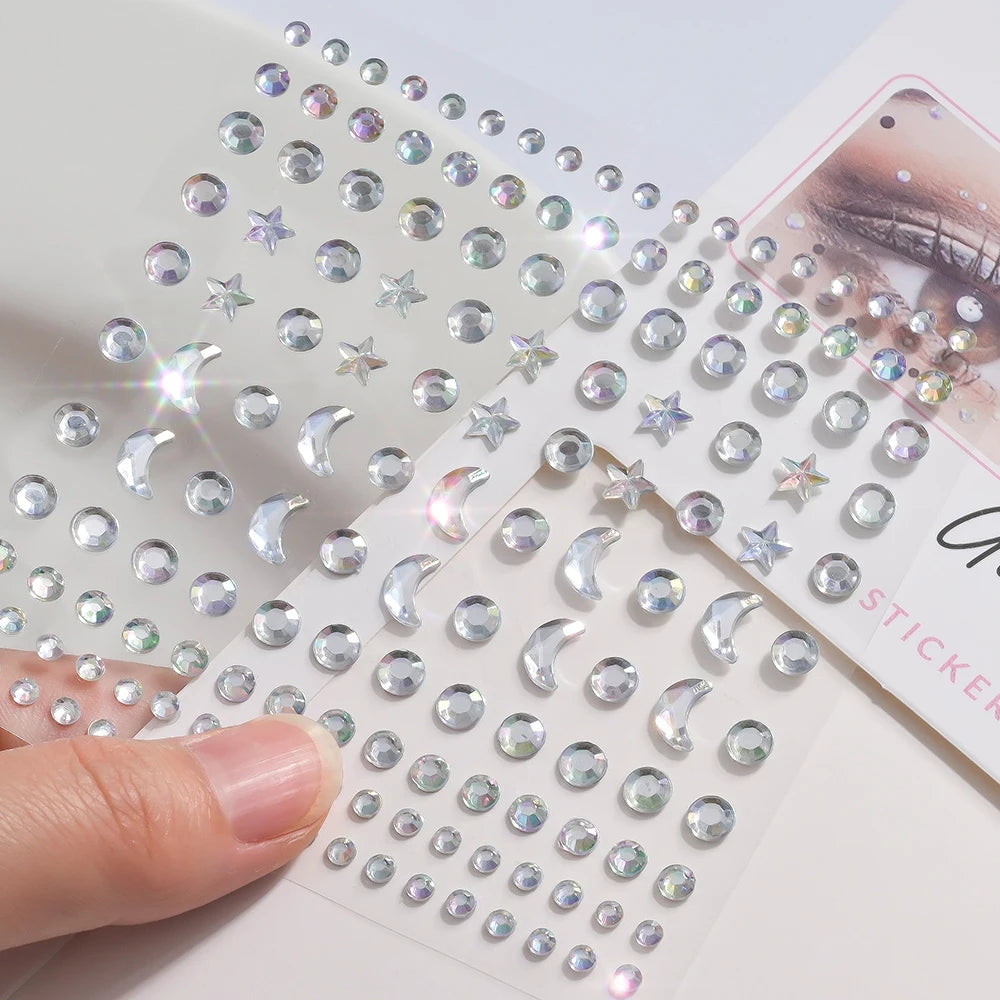 1 unidad 3D Y3K plata Aurora Luna estrella cara gemas joyas pegatinas de diamantes de imitación autoadhesivo cristal maquillaje diamantes tatuajes decoración
