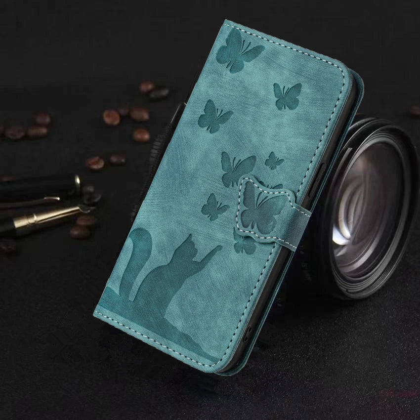Funda tipo cartera de cuero con diseño de gato y mariposa para iPhone 17, 15, 16, 14, 13, 12, 11 Pro Max, iPhone 15 Plus