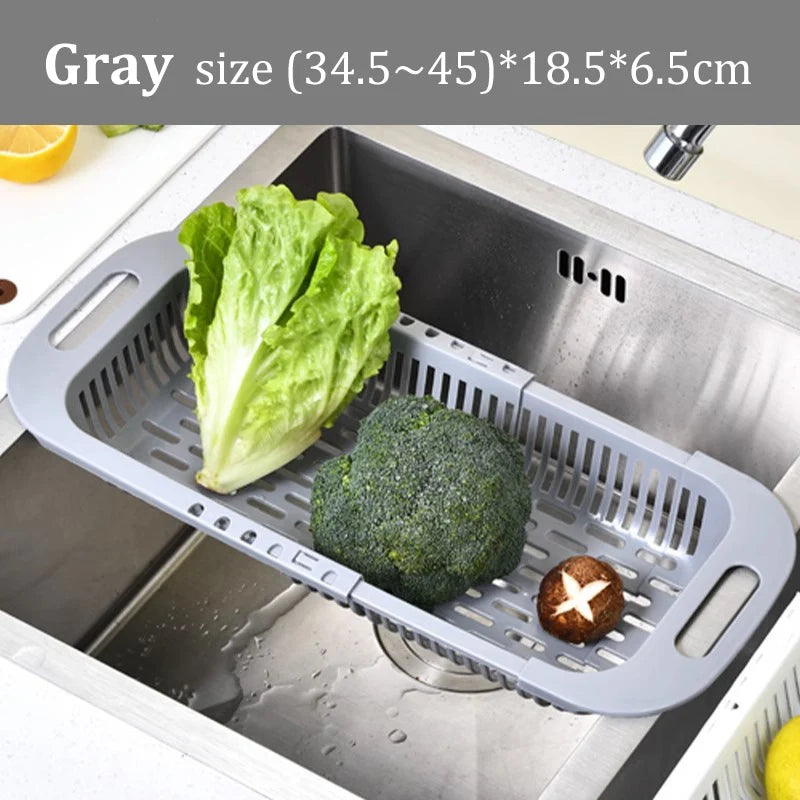 Estante de almacenamiento de cocina, estante para esponja y jabón, escurridor de verduras ajustable, estante para fregadero, herramientas de cocina multifuncionales retráctiles