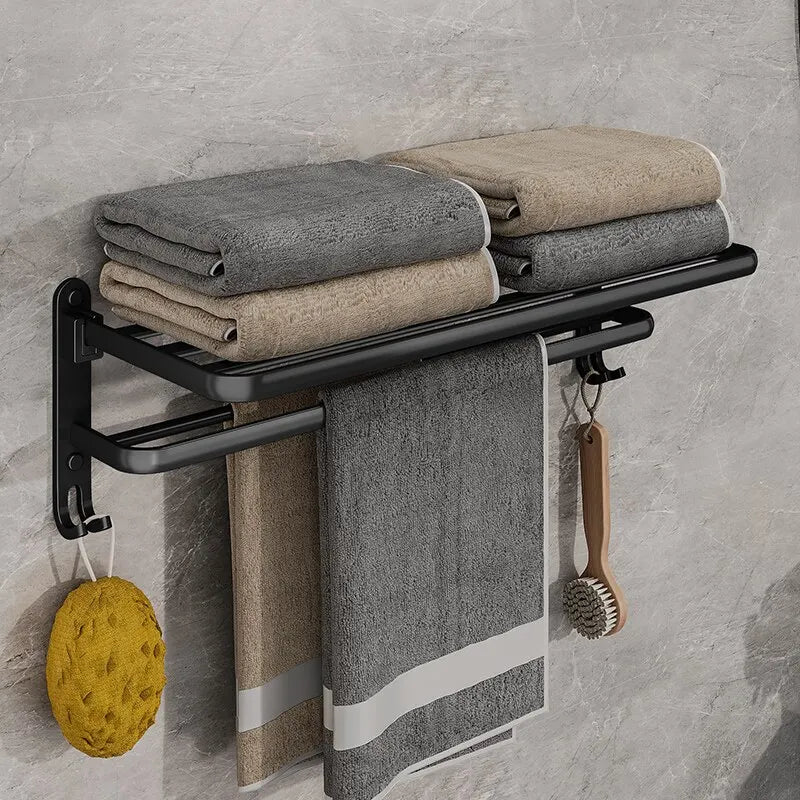 Soporte plegable negro mate de 50cm con gancho, soporte para toallas de pared, soporte para toallas de aluminio