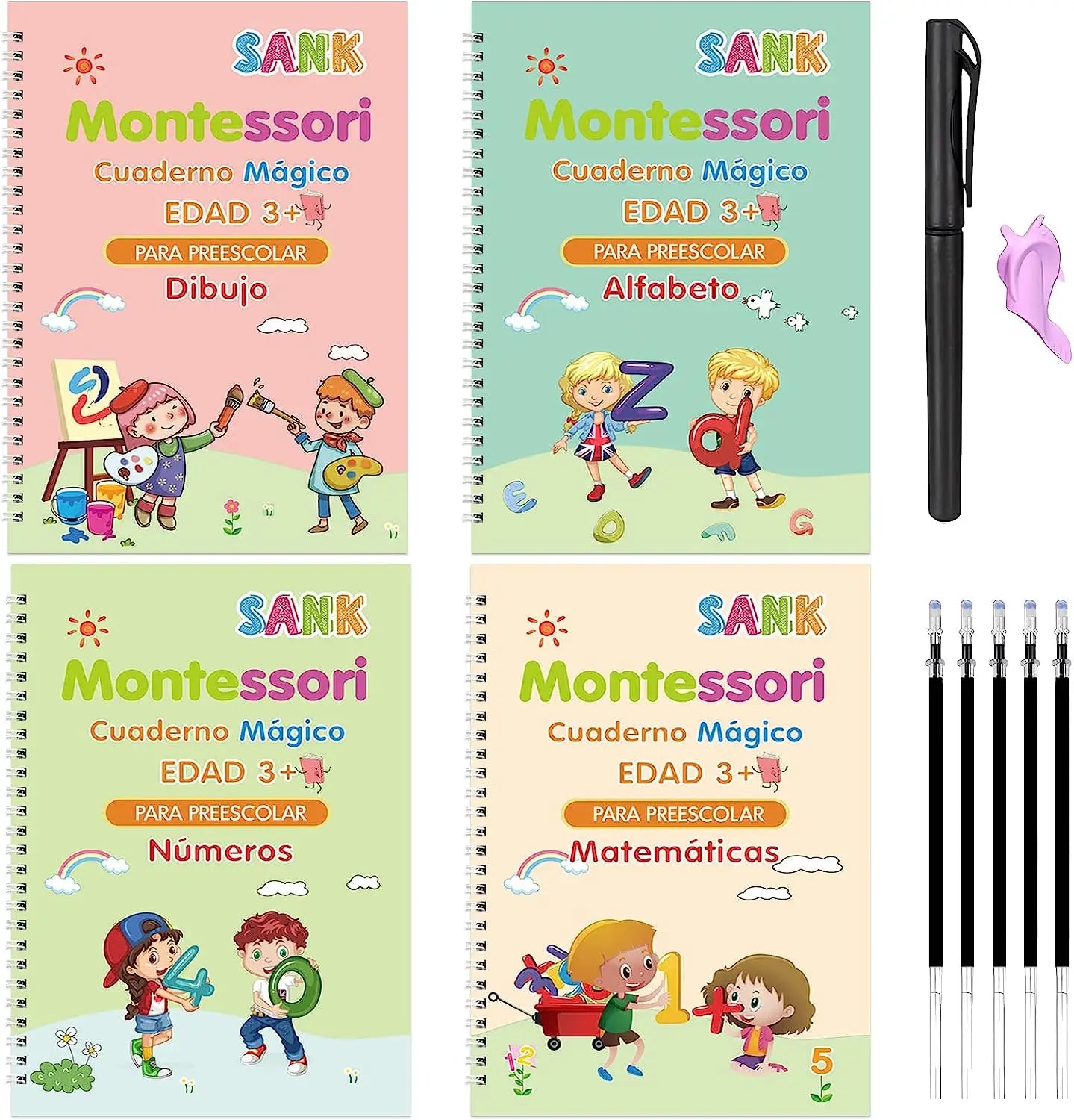 Juego de 4 Cuadernos de Práctica de Caligrafía Mágica Montessori en Español, Reutilizables, para Trazar el Alfabeto, Números, Matemáticas y Dibujo