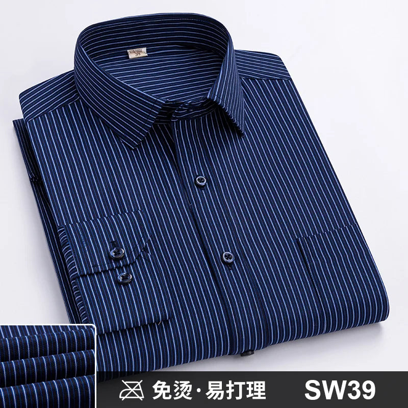 Camisa Formal de manga larga para hombre S ~ 8XL, camisas blancas de negocios de moda de gran tamaño a rayas de Color sólido, antiarrugas y sin planchar