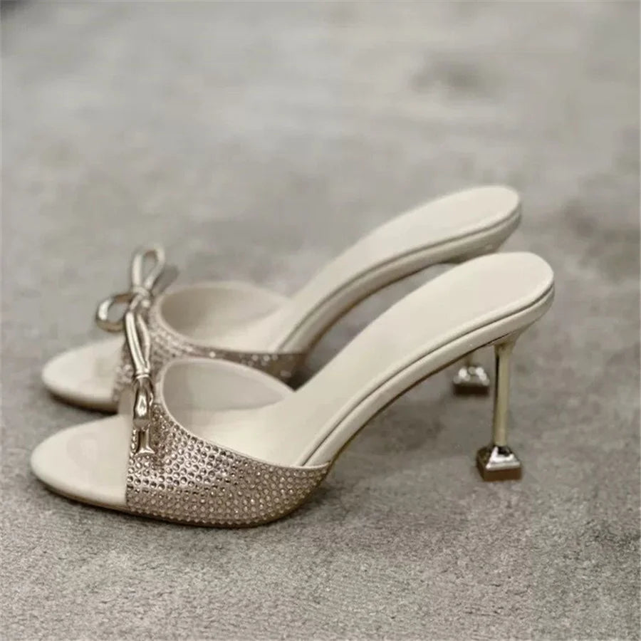 Zapatillas de cristal de diseñador para mujer, zapatos de vestir de tacón alto, zapatos de tacón para mujer, sandalias de lujo con lazo para mujer, chanclas de pasarela 2025