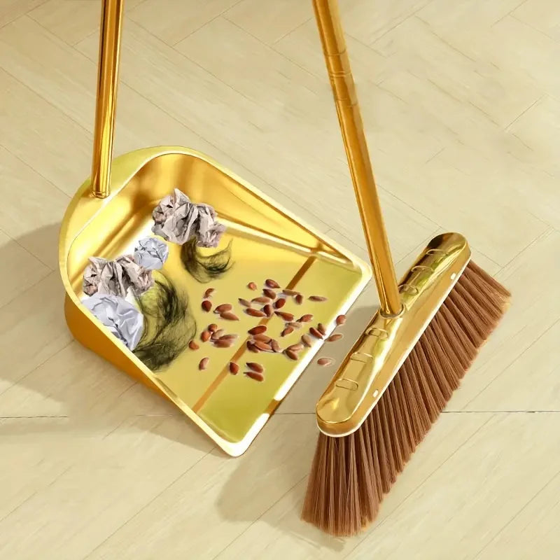 Juego de escoba y recogedor de acero inoxidable dorado, modelo básico, recogedor para exteriores, recogedor para restaurantes, escoba para limpieza de suelos, recogedor de pie, recogedor para jardín, para el hogar y la ofic