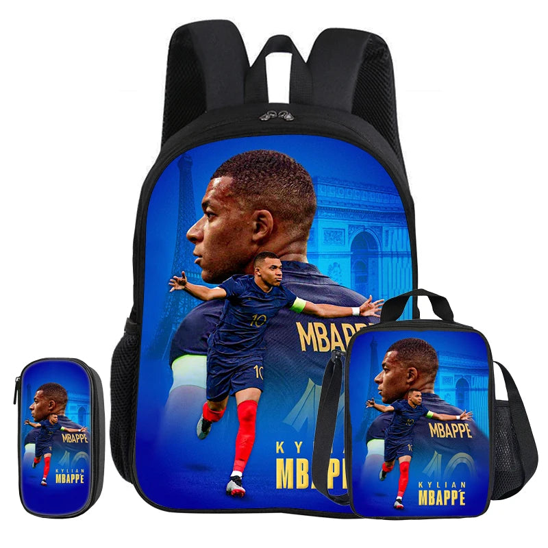 M-Mbappe-Juego de 3 piezas de mochila escolar con diseño de estrella de fútbol para niños, bolsa para lápices, mochila con bolsa para el almuerzo, mochila deportiva, regalo para niños