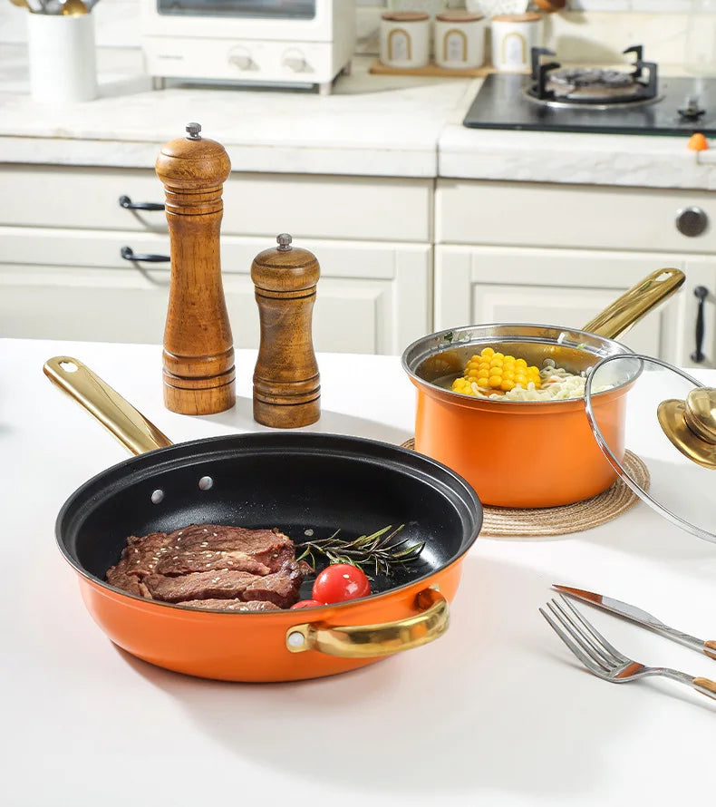 Juego de Ollas de Acero Inoxidable de 12 Piezas, Olla para Sopa, Sartén Antiadherente, Olla para Leche con Asa Dorada