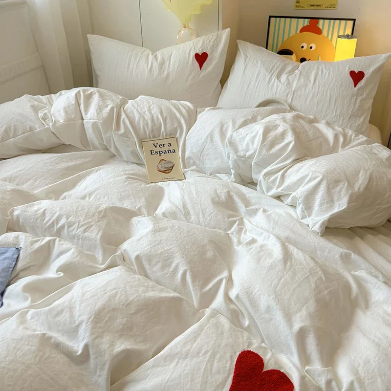 Juego de cama de algodón lavado, funda nórdica negra súper suave y fresca, toalla en forma de corazón, ropa de cama, fundas de edredón respetuosas con la piel, sábanas